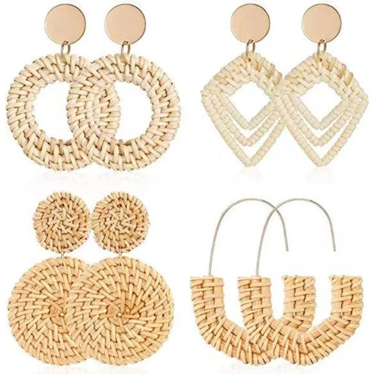 4 Pairs Handmade Raffia Rattan Bohemian Round Drop Dangle Earrings for Women, Boho Statement Cute Fun Hoop Earrings Set