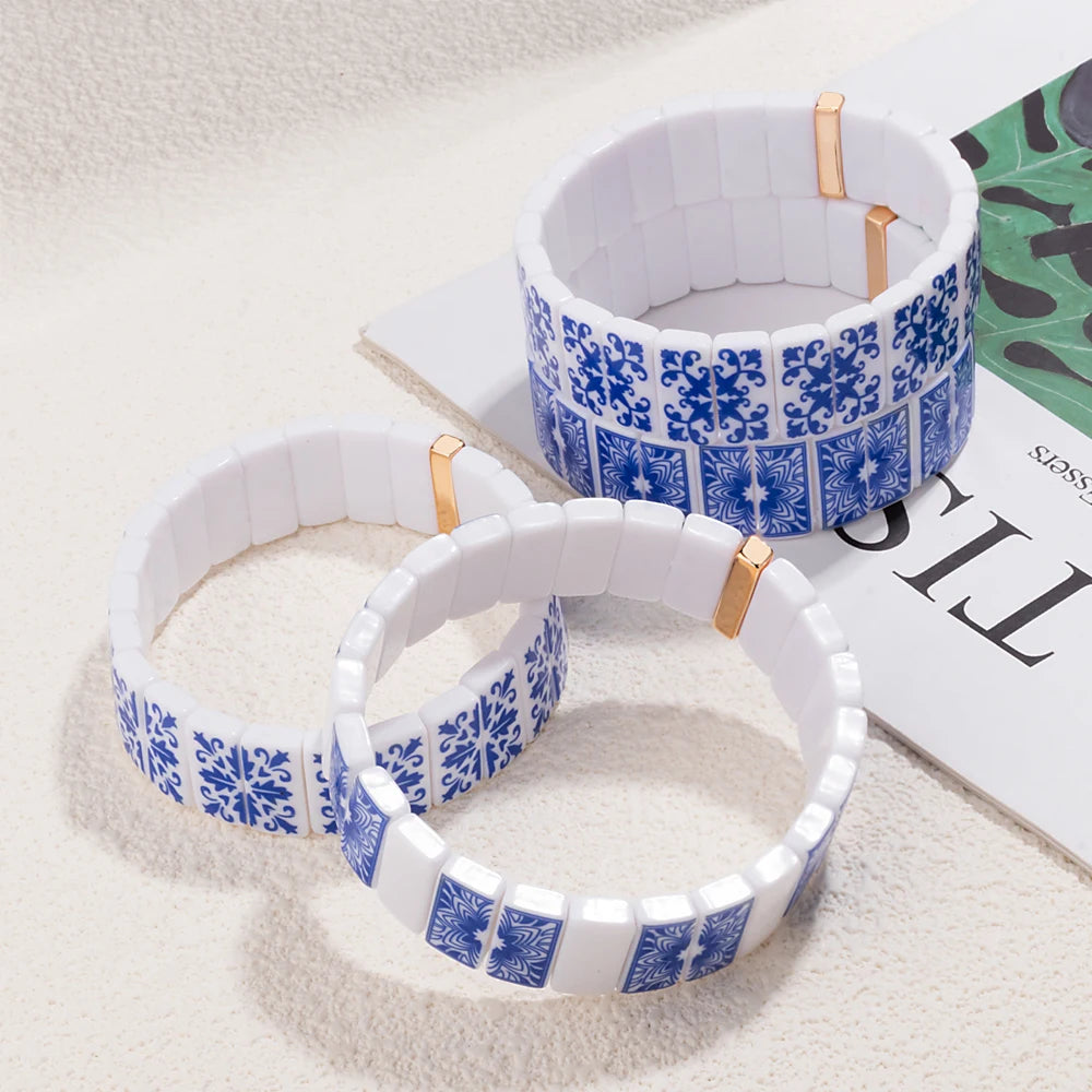 8x16mm Plastc Chinese Blue and White Porcelain Texture Beaded Bracelets For Women Handmade Spring Hand Accessory