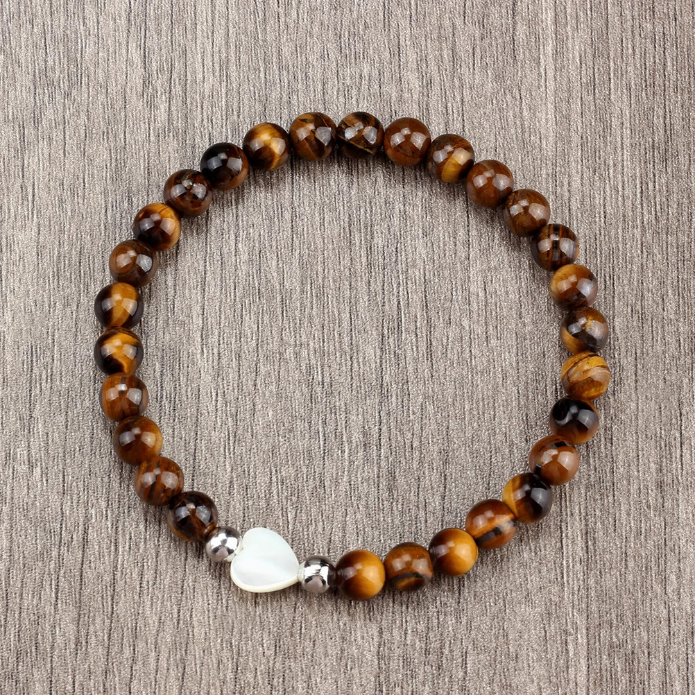 Energy 6mm Pink Opal Tiger Eye Natural Stone Beads Bracelets Women Men Fashion Heart Shaped Shell Elastic Bracelet Jewelry Gifts