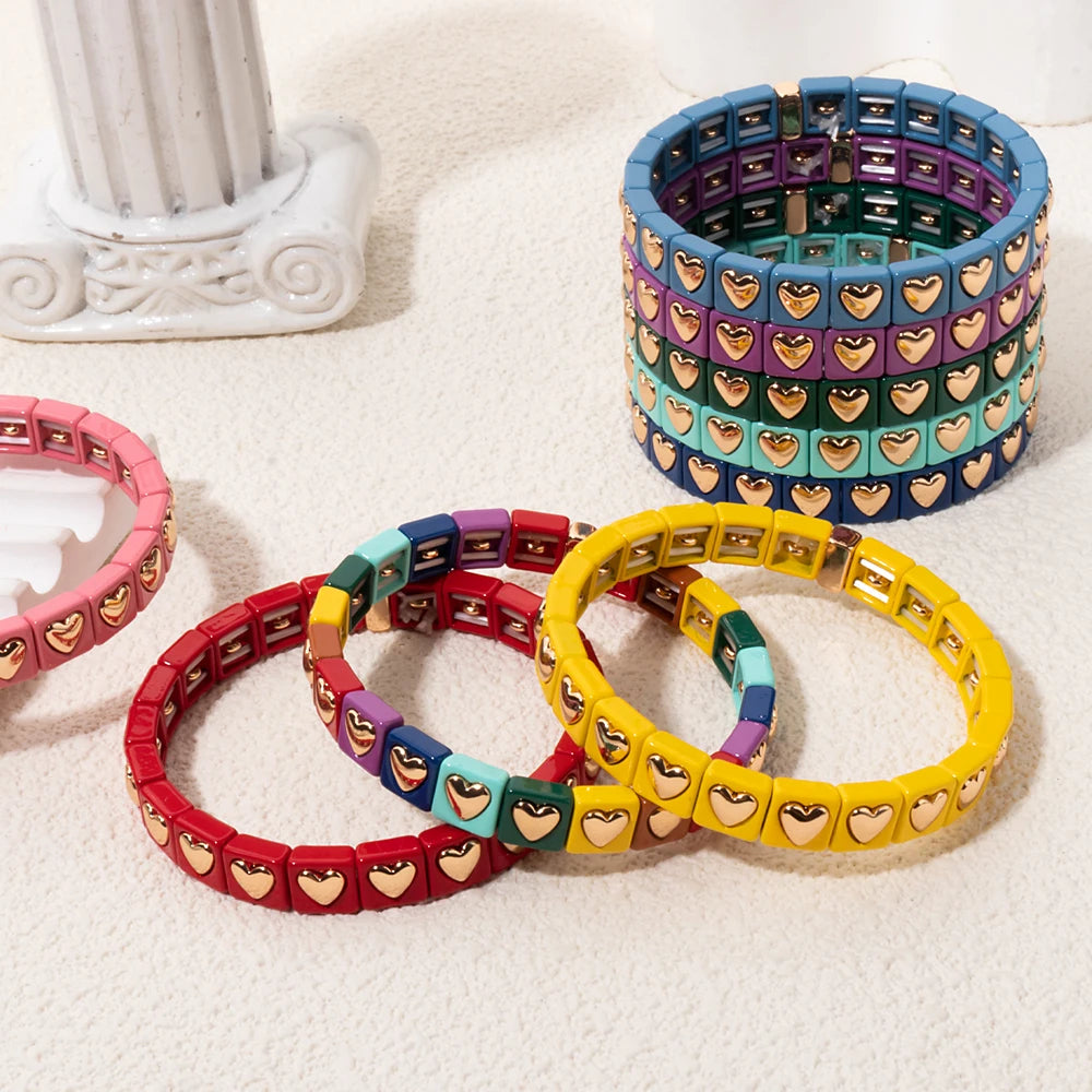 8mm Square Shape Love Bangle For Women Rainbow Color Peach Boho Enamel Elastic Beads Bracelets