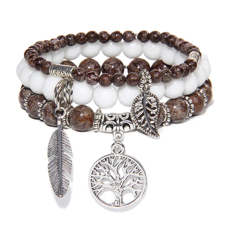 3Pcs Tree of Life Pendant Beads Bracelet Natural Stone Tiger Eye Turquoises Labradorite Bracelets for Women Men Couples Jewelry