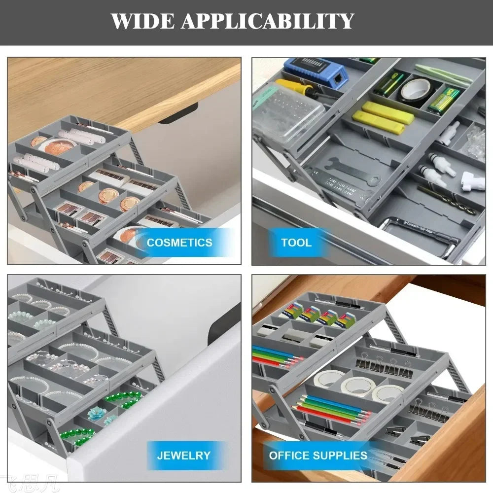 3 Tier Folding Expandable Drawer Organiser Multi-Layer Organiser Tray Box Jewellery & Cosmetics Storage Drawer Organiser Shelf