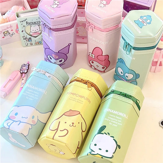 Sanrio High Capacity Pen Box Kawaii Kuromi Melody Anime Figure Pencil Case Zipper Pen Holder Pu School Supplies Stationery Gift