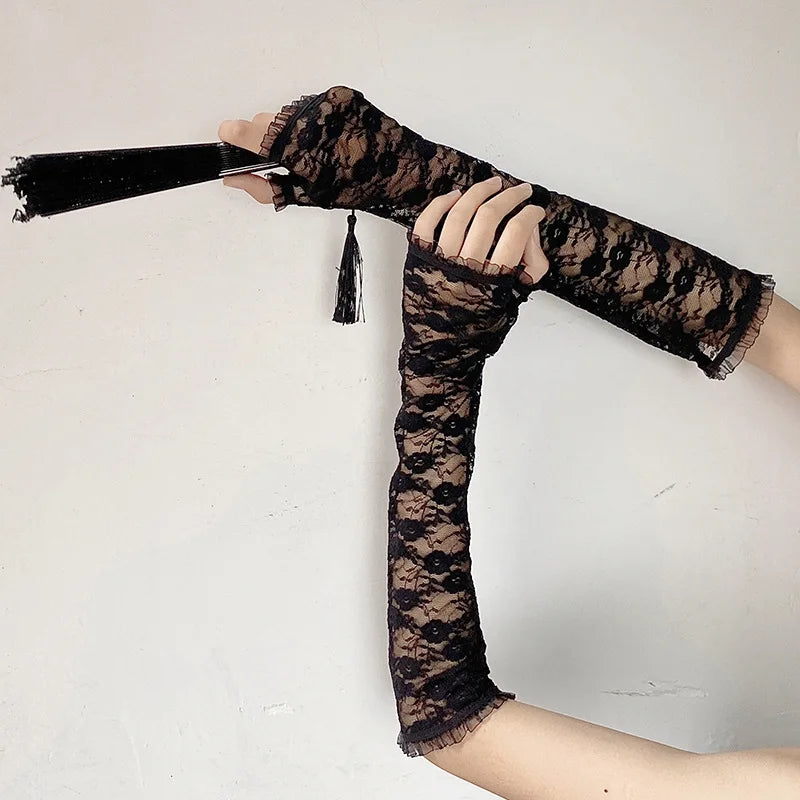 Tejesa Long Lace Hollow-Out Fingerless Gloves Sun Protection Sleeves Mesh Lace Thin Cycling Sexy Accessories Black Bare Finger Gloves
