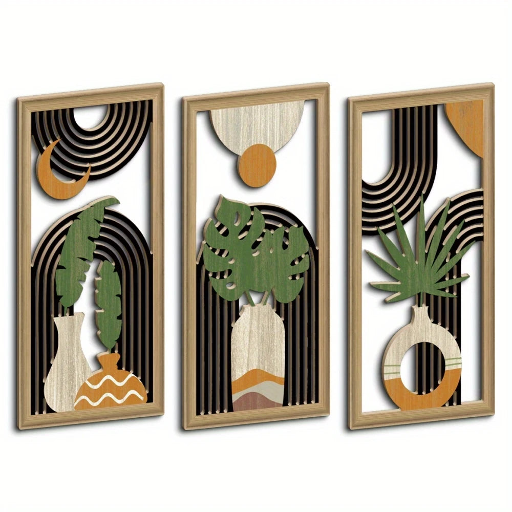 Hemasa 3pcs Boho style Hollow Wood Retro Rustic Leaf Pattern Wall Hanging Art Living Room Bedroom Wall Hanging Home Decoration