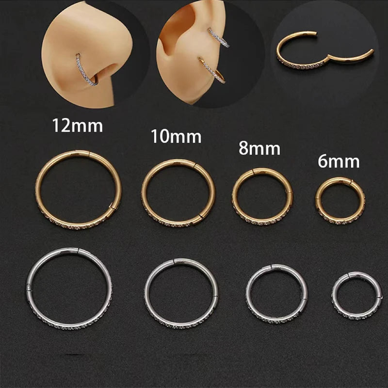 1PC Piercing Jewelry Nose Ring Hinge Clicker Nose Septum Stainless Steel Piercing Daith Helix Cartilage Earring Rook Hoop CZ 16G