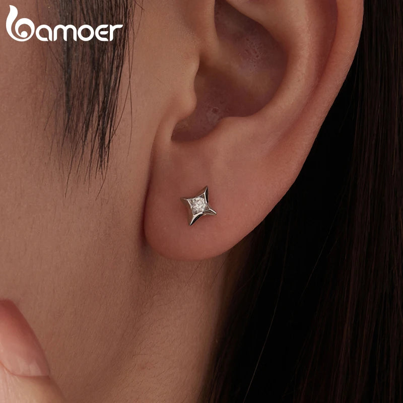 BAMOER Starlight Moissanite Screw-back Earrings, Mini Starburst Round Cut Lab Created Diamond for Women Engagement Gift S925