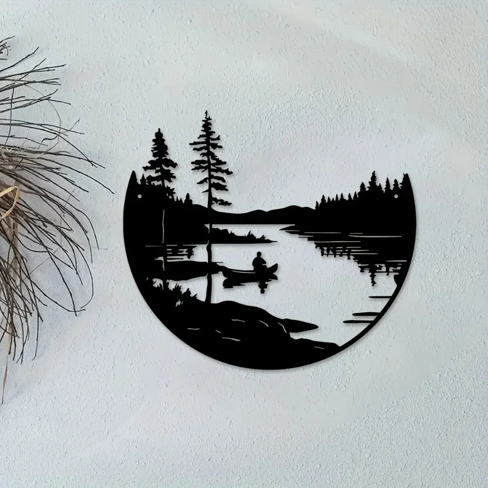 Hemasa 1 pc of bohemian style metal wall art scenic lake and mountain silhouette round outdoor sculpture home and patio wall decoration