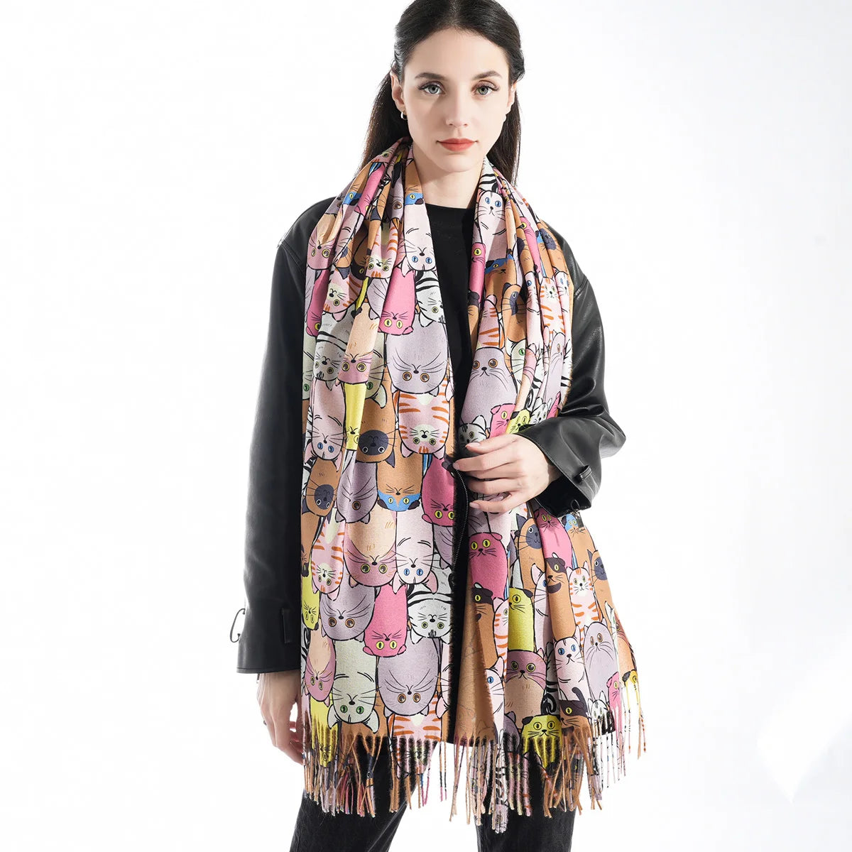 Hot selling fashion imitation cashmere animal cartoon cat oil painting style digital printing soft and warm tassel women's scarf