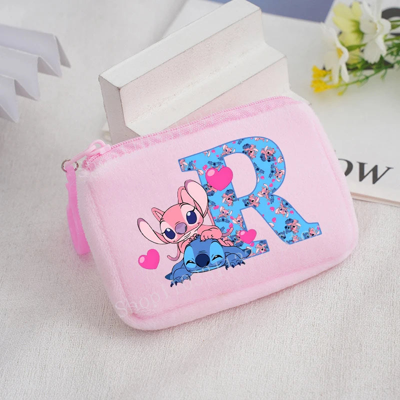 Disney Stitch Plush Coin Purse Cute Anime Cartoon A-Z Letter Stich Printed Wallet Kawaii Girls Earphone Storage Zipper Bag Gifts