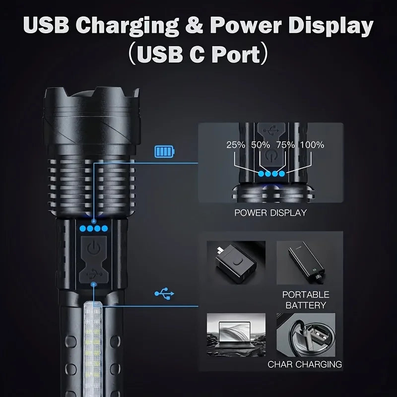 Super Bright LED COB Flashlight USB Rechargeable Torch with 7 Lighting Modes Telescopic Zoom Lantern for Outdoor Camping Hiking