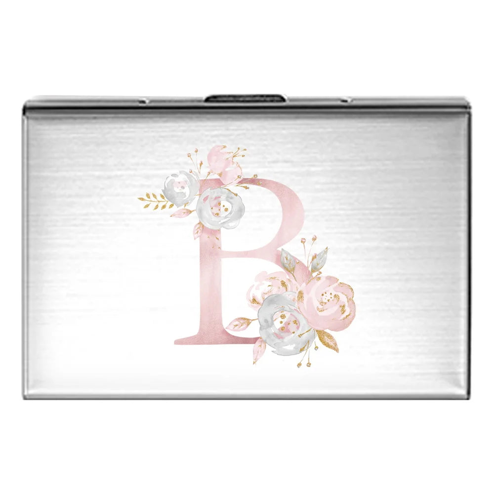 Tejesa Metal Business Card Holder - Slim Pocket Business Card Case for Unisex /Stainless Steel IC Cards /Pink Flower Print Series