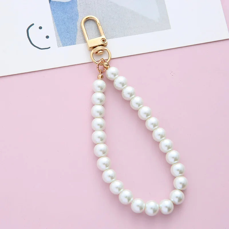 Retro Pearl KeyChains for Women Keyring Car Llavero Bag Backpack Decor Cadena Lanyards Hand Strap Charms for Airpods Case