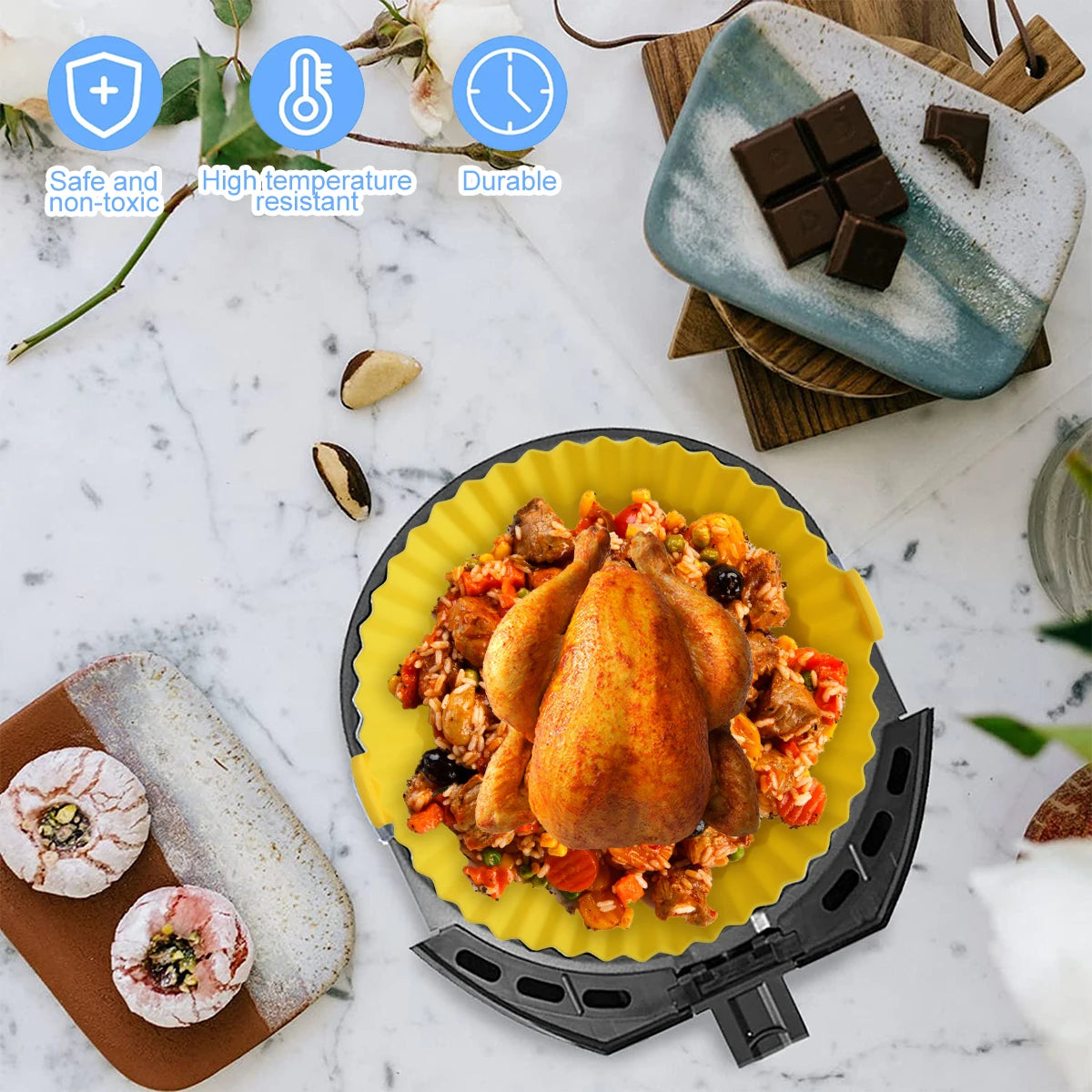 Tejesa 3/2pc Air Fryer Silicone Liner Soft Baking Pan Reusable Airfryer Oven Baking Tray Fruit Wash Basket Pizza Pan Liner Accessories