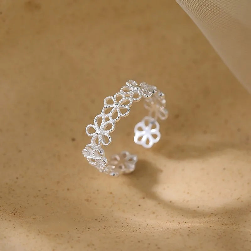 925 Sterling Silver Unique Hollow Flower Rings For Women Girls Jewelry Finger Adjustable Open Blossom Ring Party Birthday Gift