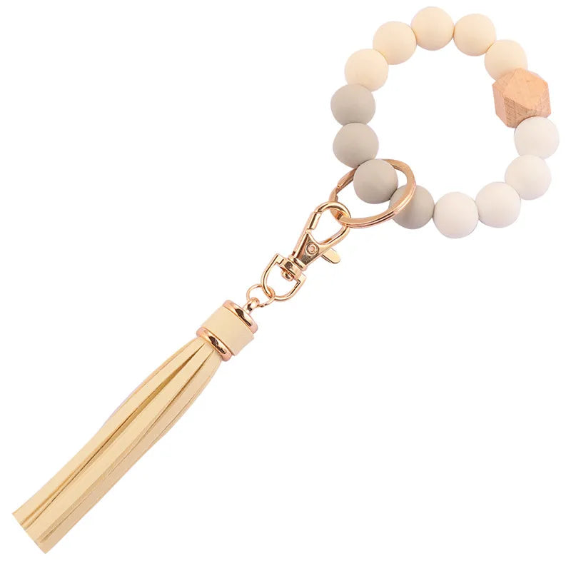 Hemasa  Silicone Wood Beads Keychain Keyring For Women Wristlet Bracelet Pendant Keychain With Jewelry Accessories
