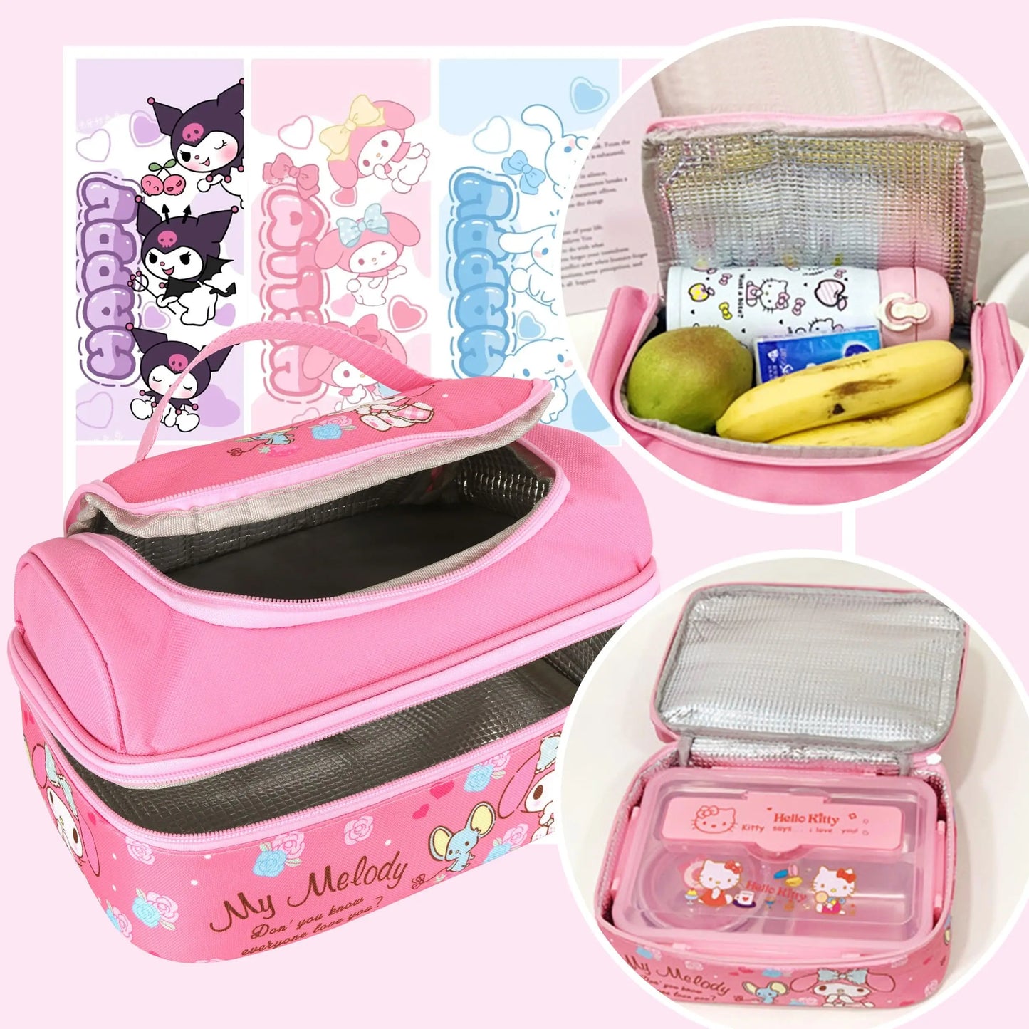 Hemasa  Kuromi  Lunch Box Large Compartment Lunch Container Tote for Work Travel hello kitty bag