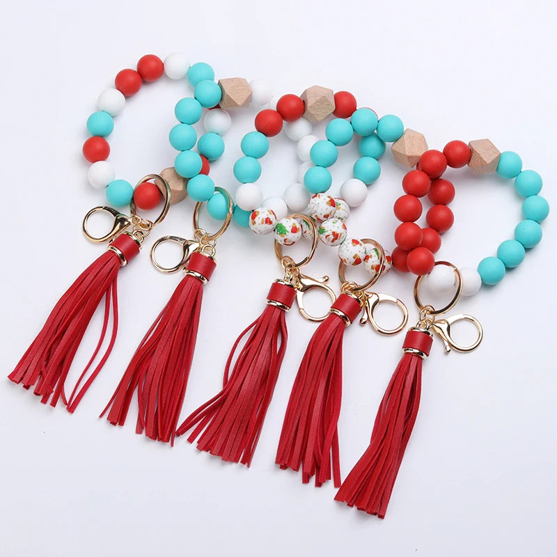 Hemasa Green Christmas Tree Silicone Bead Keychain Red Tassel Bracelet Keyring Accessories Woman Man Bracelet Gifts Bag Pendant