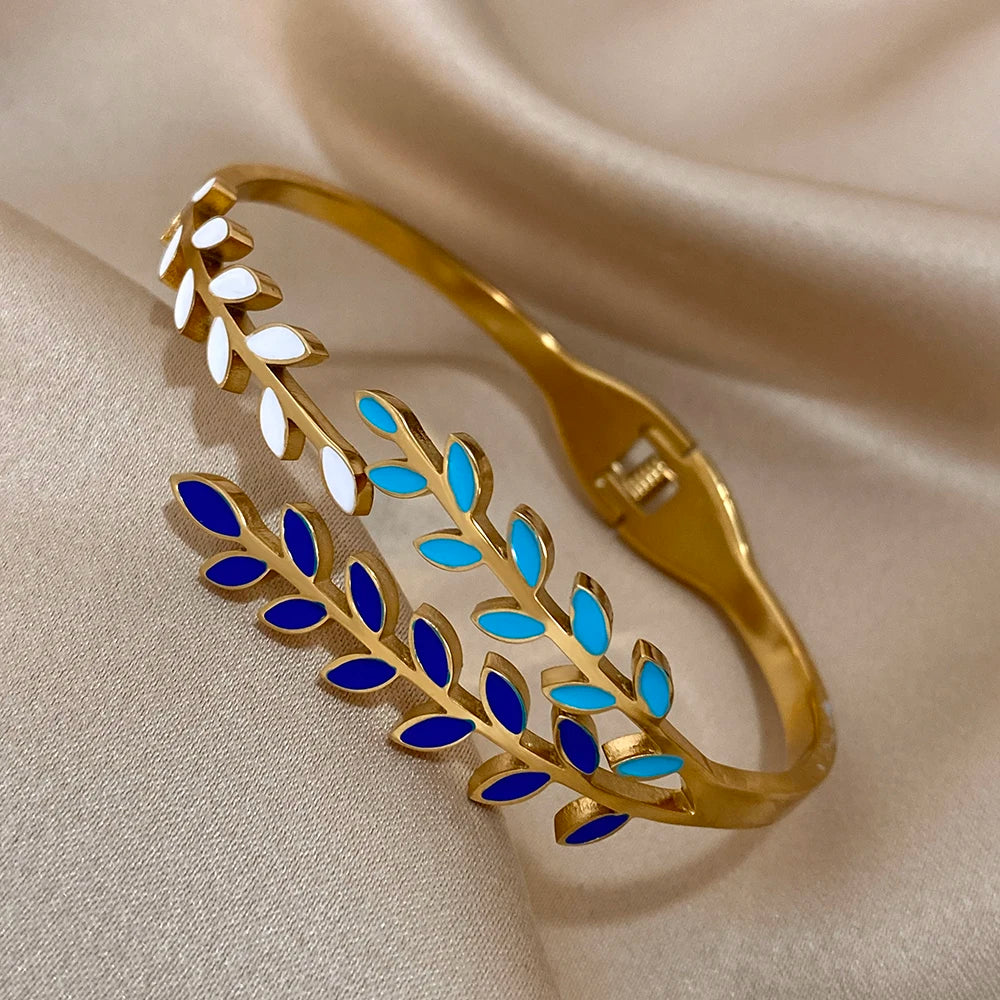 Fashion Colorful Enamel Leaves Bracelet Bangle for Women Charm 316L Stainless Steel Gold Color Bracelets Waterproof Jewelry