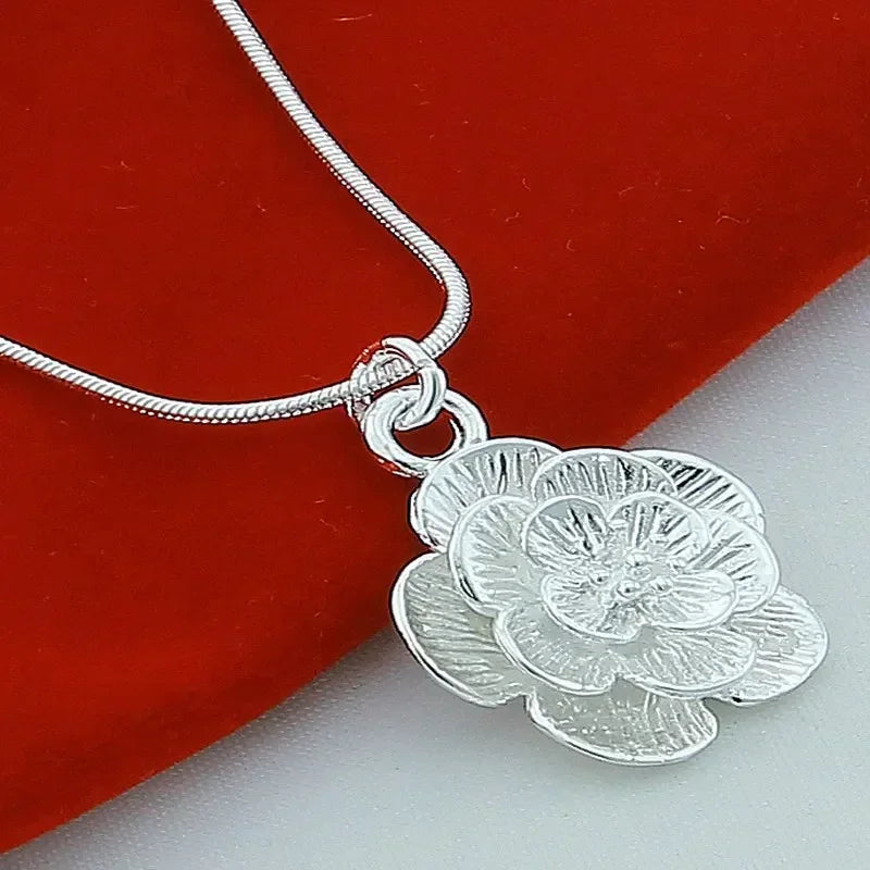 Hemasa 925 Sterling Silver Rose Flower Pendant  Snake Chain For Women