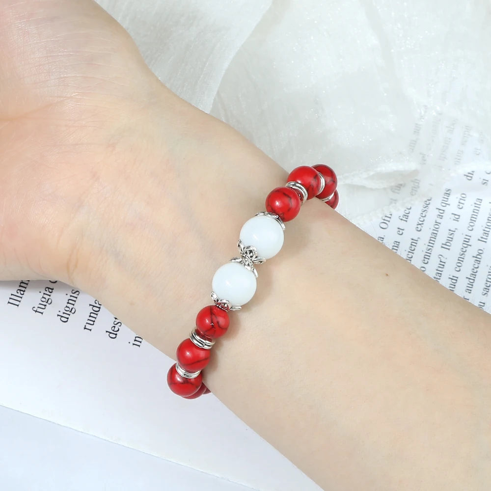 Charm Handmade Elastic Bracelet Men Natural Stone Beads Red White Pine Bracelets Rope Women Couple Friendship Yoga Jewelry Gifts
