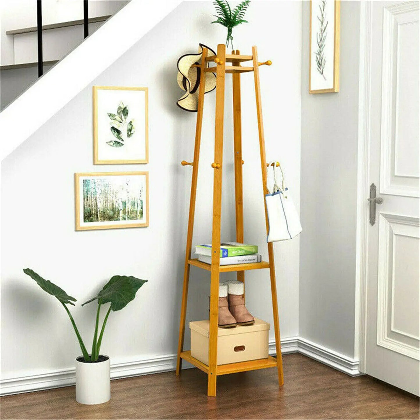 Bamboo Coat Rack Free Standing 2-Shelves Clothing Storage Garment Organizer Stand with 8 Hooks Clothes Poles 55kg Load-bearing f