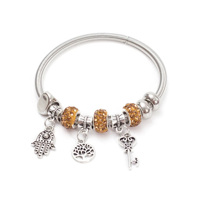 Fashion Simple Pandora Glazed Gem Beads Key Lock Love Hanging Bracelet Light Luxury Vintage Bangle For Women Jewelry Gift