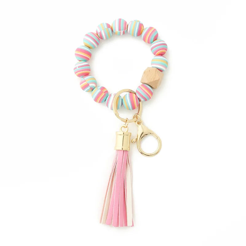 Silicone Keychain For Keys Tassel Wood Beads Bracelet Keyring For Women Multicolor Beads Keychain Fashion Keychain Wholesale