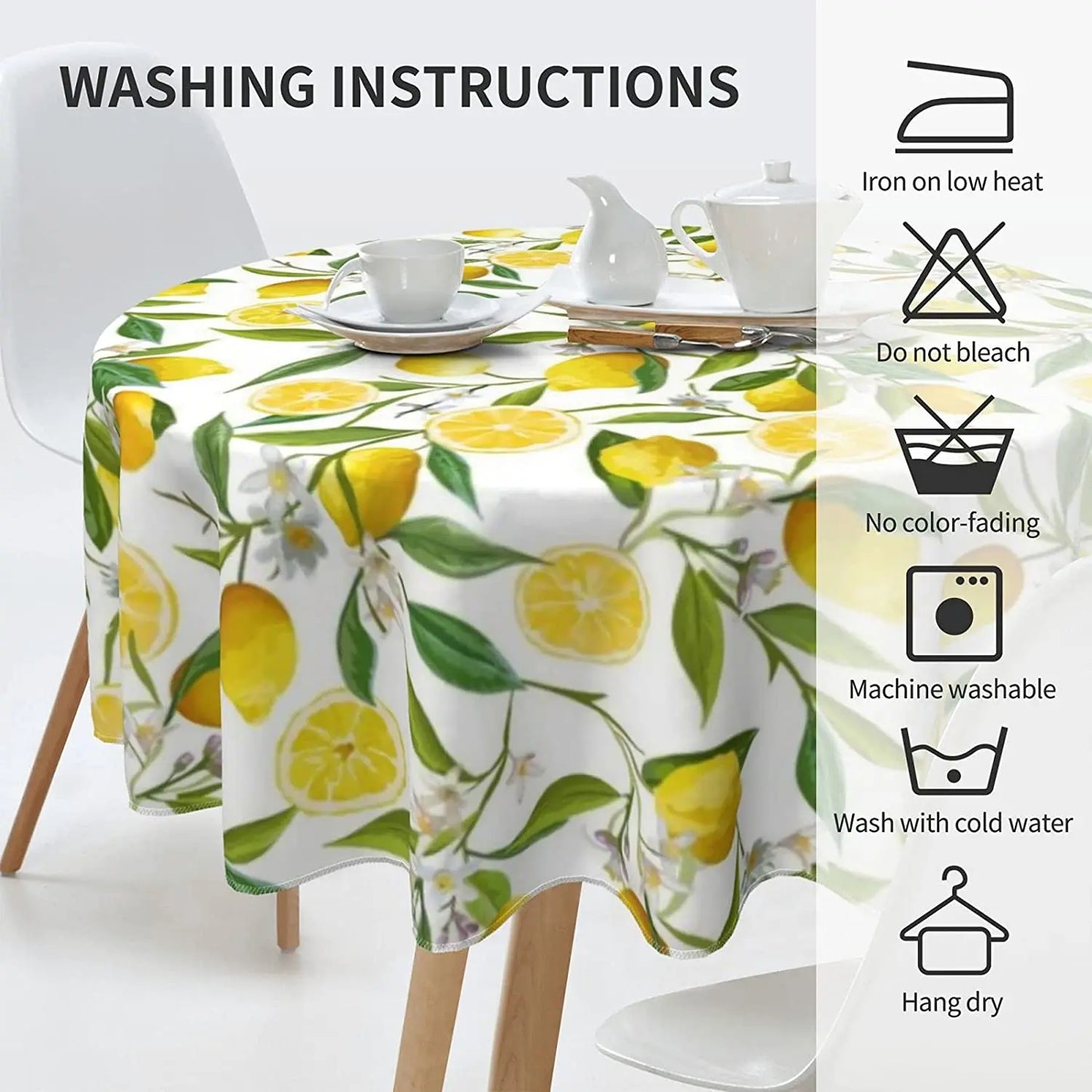 Lemon Tree Branches Flowers Leaves Round Tablecloth 60 Inch Tablecover Anti-Wrinkle Waterproof Wipeable Table Cloth Home Decor