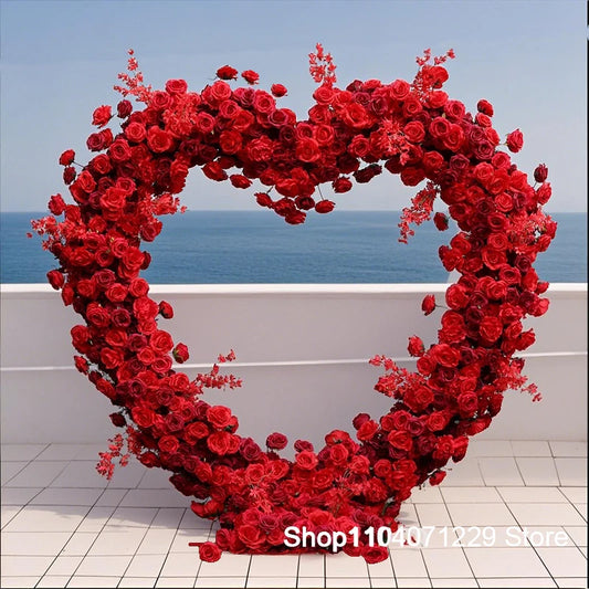 200CM Love Heart-Shaped Red White Rose Floral Row Arrangement Decor Wedding Backdrop Arch Frame Stage Flower Stand Banquet Props