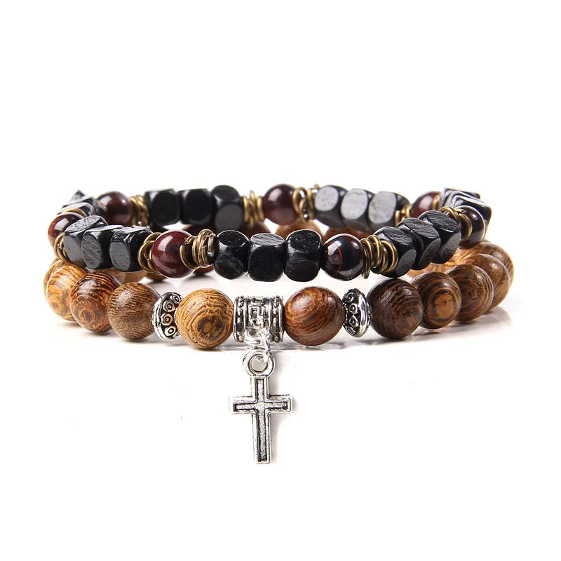 2pcs/set Beaded Bracelet Natural Stone Tiger Eye Hematite Beads Bracelet Men Energy Elastic Rope Bracelet Jewelry Couples Gifts