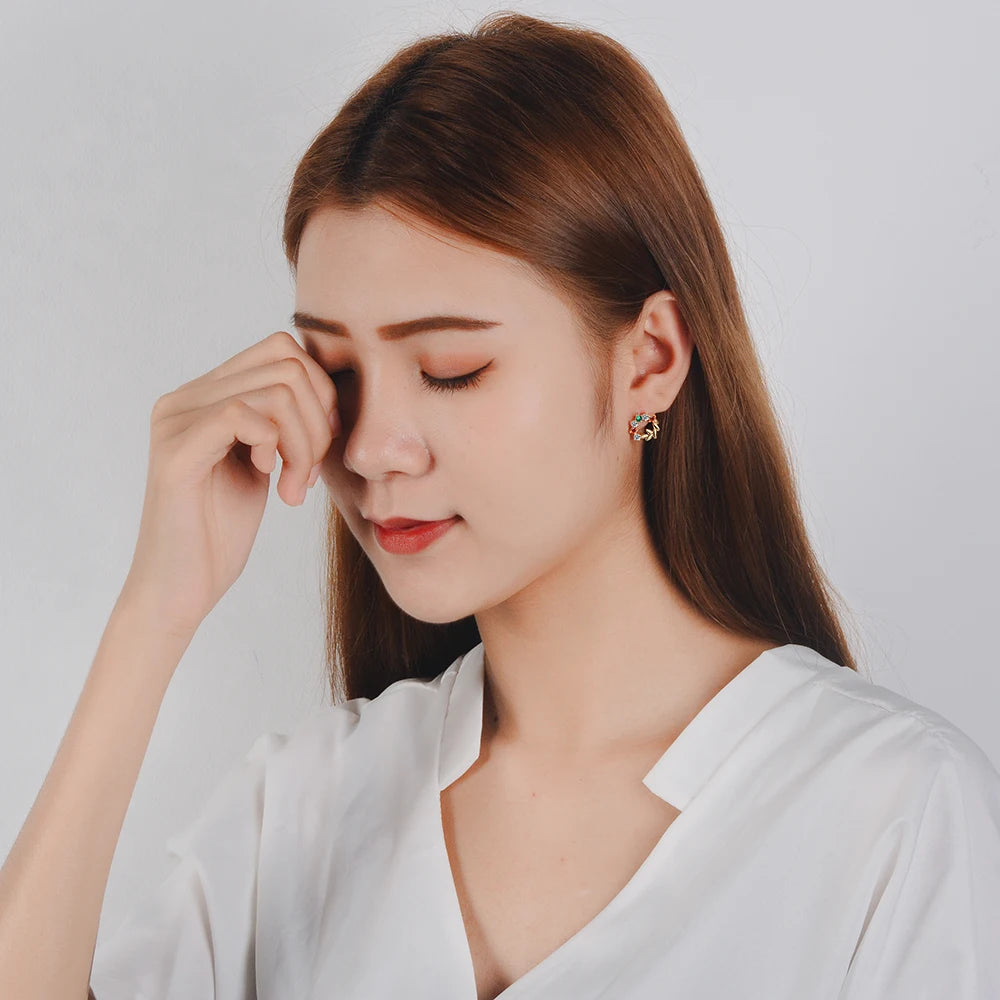 Real 925 Sterling Silver Zircon Round Crystal Leaves Stud Earrings Gold Color Fine Jewelry For Women Accessories
