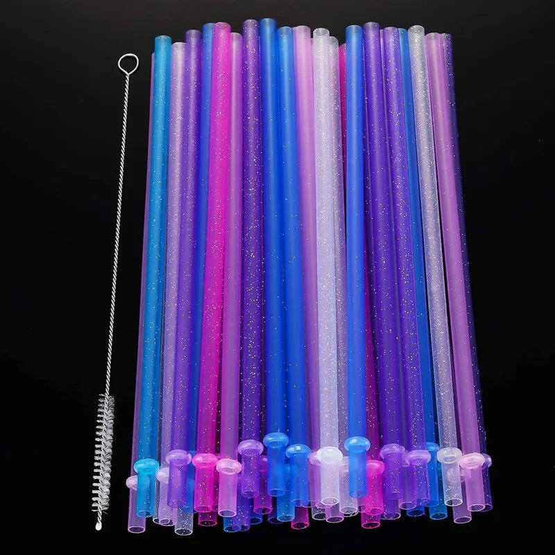 Hemasa 9inches  20 Pieces Reusable Drinking Straws  Colorful Plastic Straws Clear Glitter Unbreakable Straw with Cleaning Brush for Party