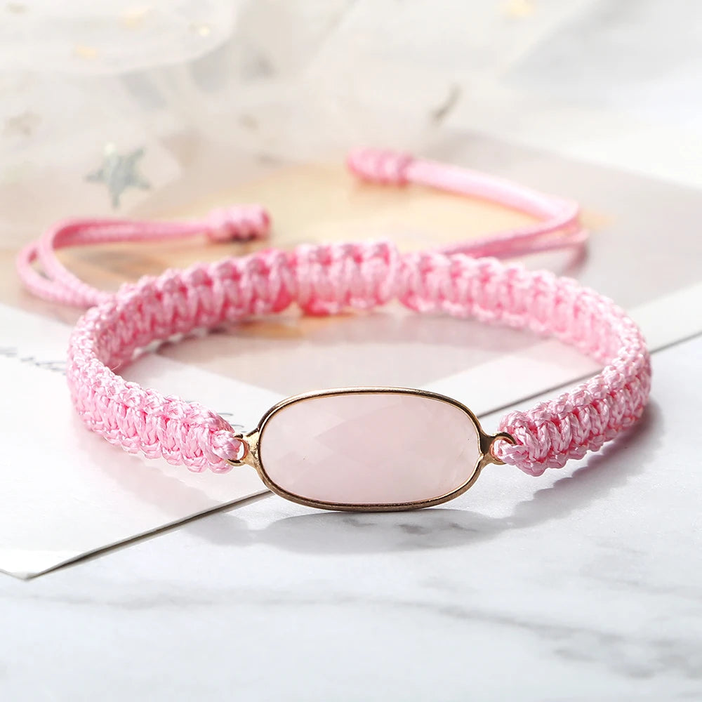 Pink Color Thread Chain Handmade Bracelets For Women Pink Crystal Oval Pendant Natural Stone Bracelets Femme New Fashion Jewelry