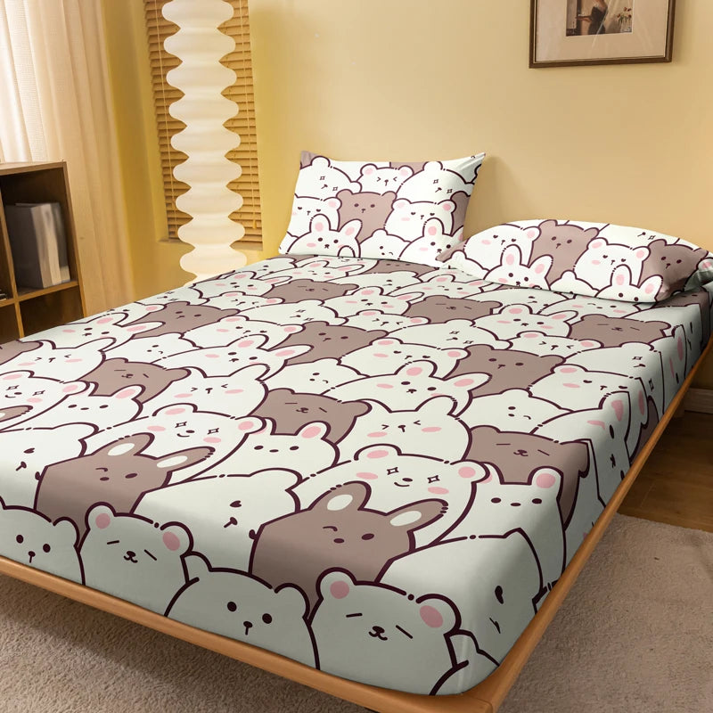 1 Cartoon Cute Teddy M-bear Printed Matte Fitted Sheet, Bedroom Printed Bed Cover, Bedding (Excluding Pillowcases)