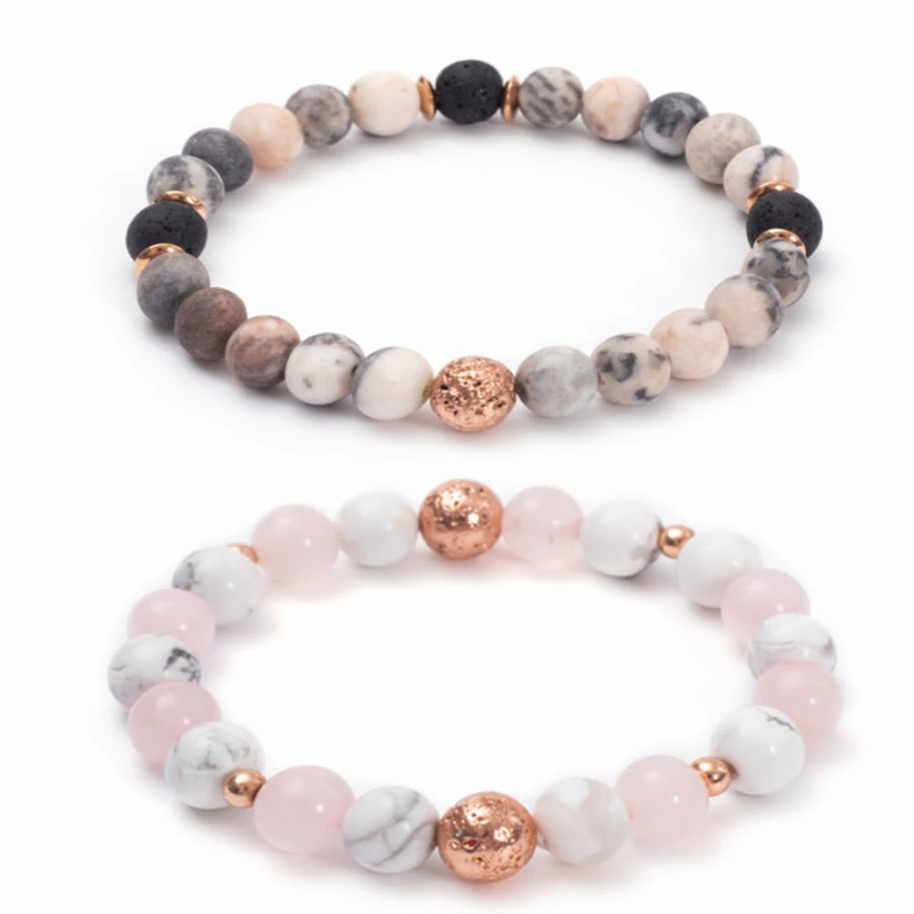 FTCY Stress Relief Yoga Relaxation Bracelets for Women Lava Rock Pink Zebra Jasper Anti Anxiety Adjustable Beaded Hand Chains