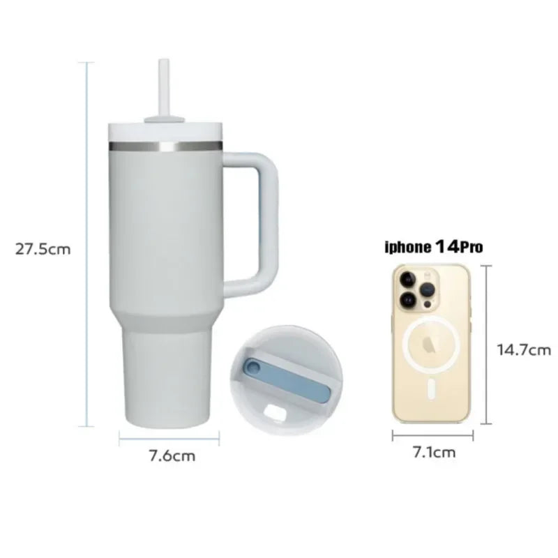 40OZ Straw Insulation Cup with Handle Portable Car Stainless Steel Coffee Water Bottle LargeCapacity Travel BPA Free Thermal Mug