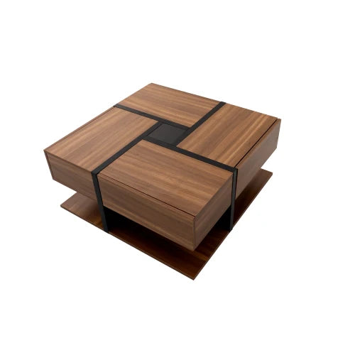 Coffee Table with 4 Drawers Unique Color Matching and Line Design Storage Space at the Bottom 78 * 78 * 36cm (White)