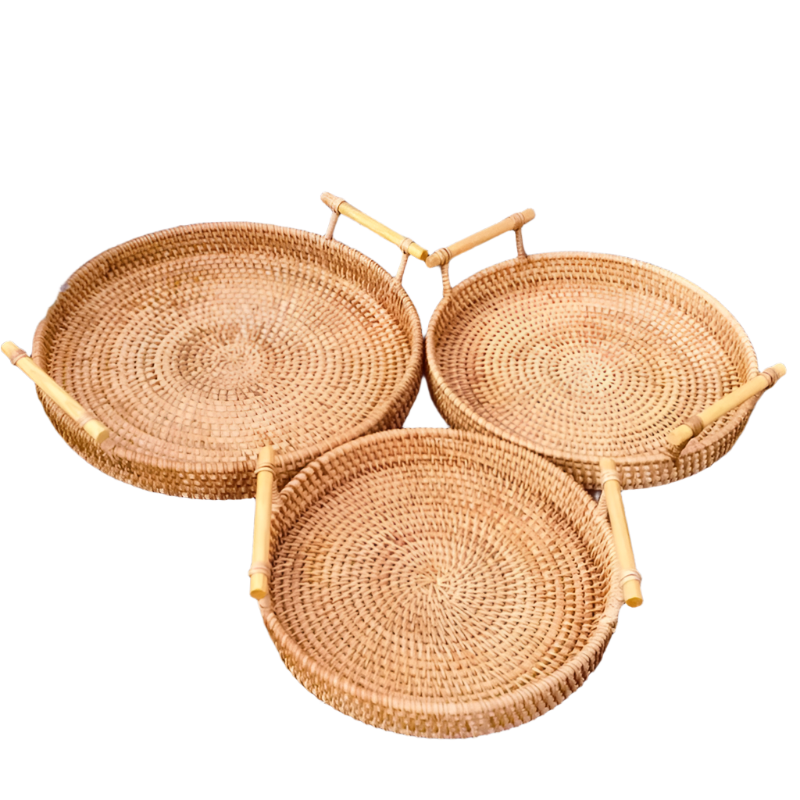 Hemasa 1PC Rattan Bread Storage Woven Snacks Fruit Round Tray Picnic Binaural Tray Living Room Table Finishing