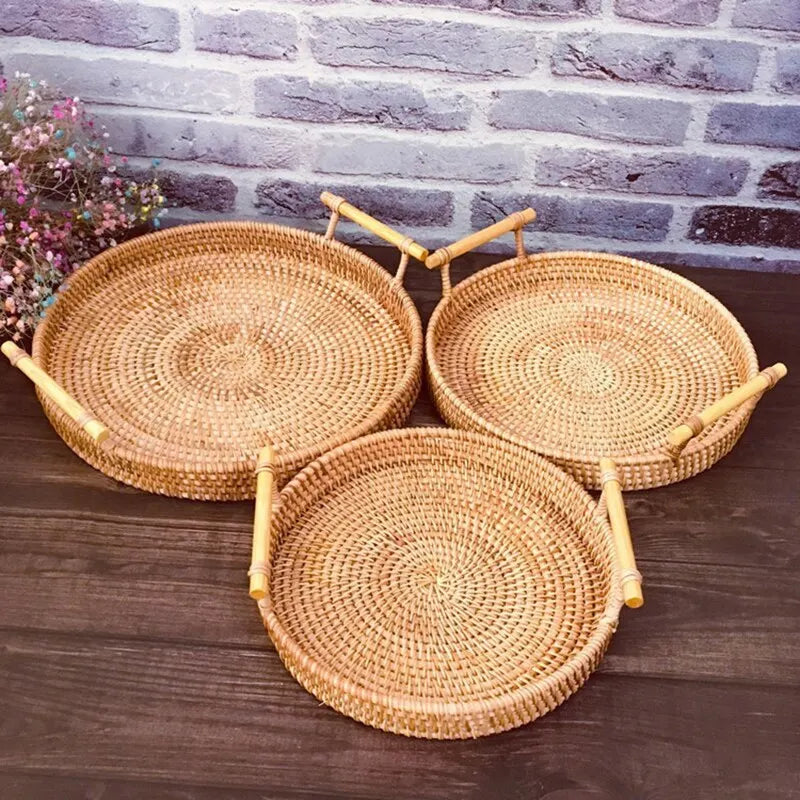 Hemasa 1PC Rattan Bread Storage Woven Snacks Fruit Round Tray Picnic Binaural Tray Living Room Table Finishing