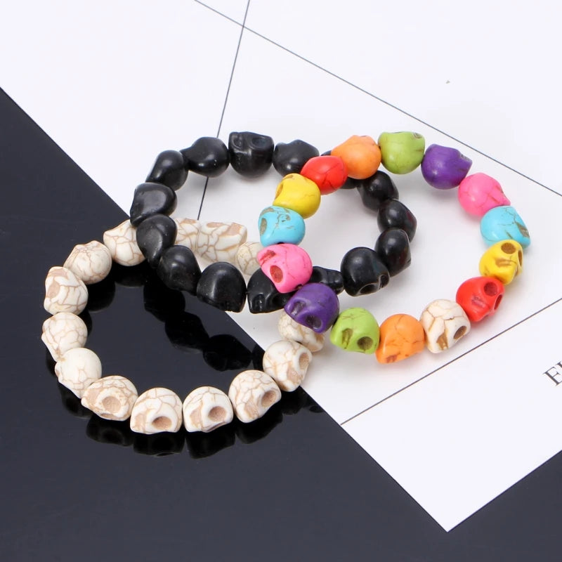 Exquisite Howlite Stone Turquoises Tibetan Prayer Skull Beads Handmade Skull Bracelets Black/White for Couples