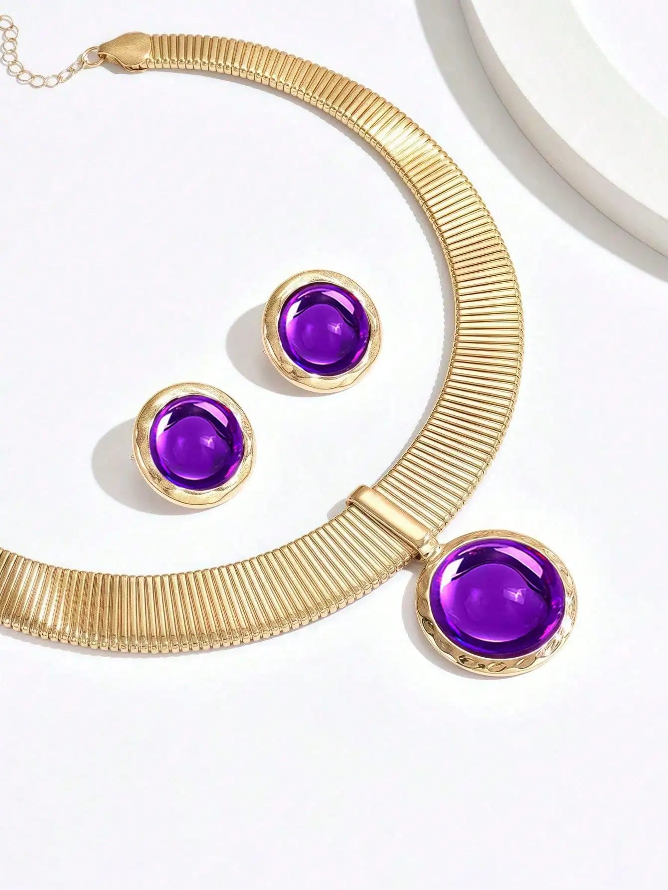 Elegant Metal Necklace Bracelet Set with Exaggerated Purple Pendant for Wedding Banquet Lightweight Luxury Bride Jewelry