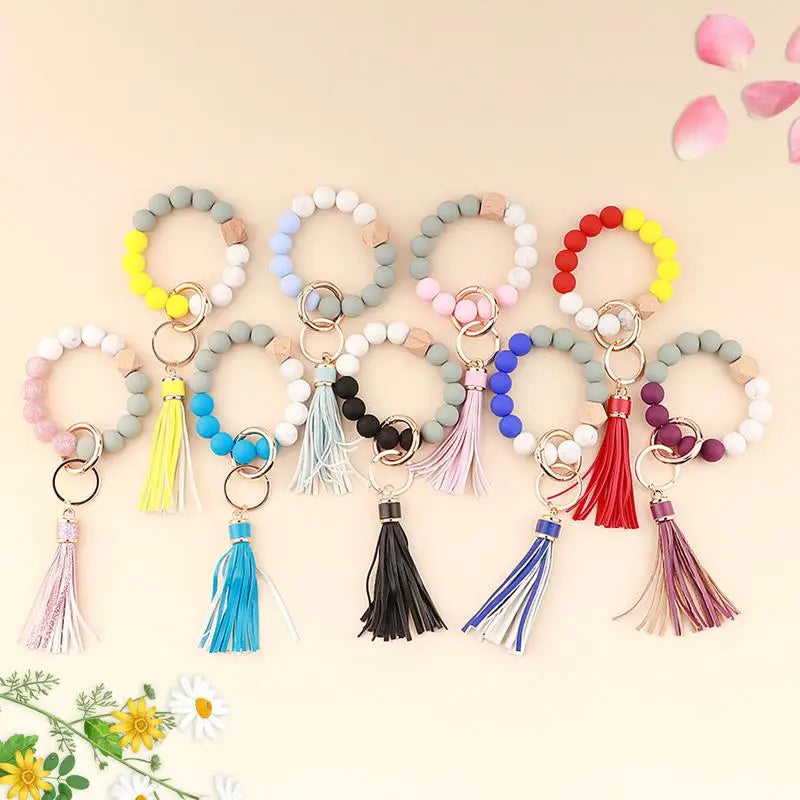 Silicone Key Rings Tangling Beaded Keyring Wristlet House Car Keyring Bangle Chains For Women With Leather Tassel
