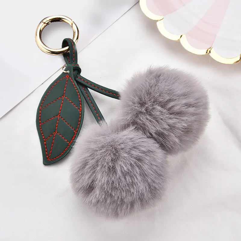 New Fashion Plush Cherry Keychains for Women Girls Fluffy Cartoon Rabbit Fur Ball Pompom Leaf Key Chains Rings Keyring Bag Gifts