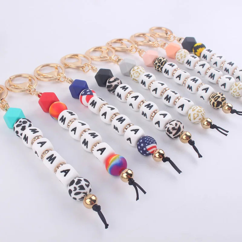 Creative Handmade Silicone Beads Keychain Leopard Print Letters Beaded Keyring For Anti-Drop Pendant Key Chains Women Girls Gift