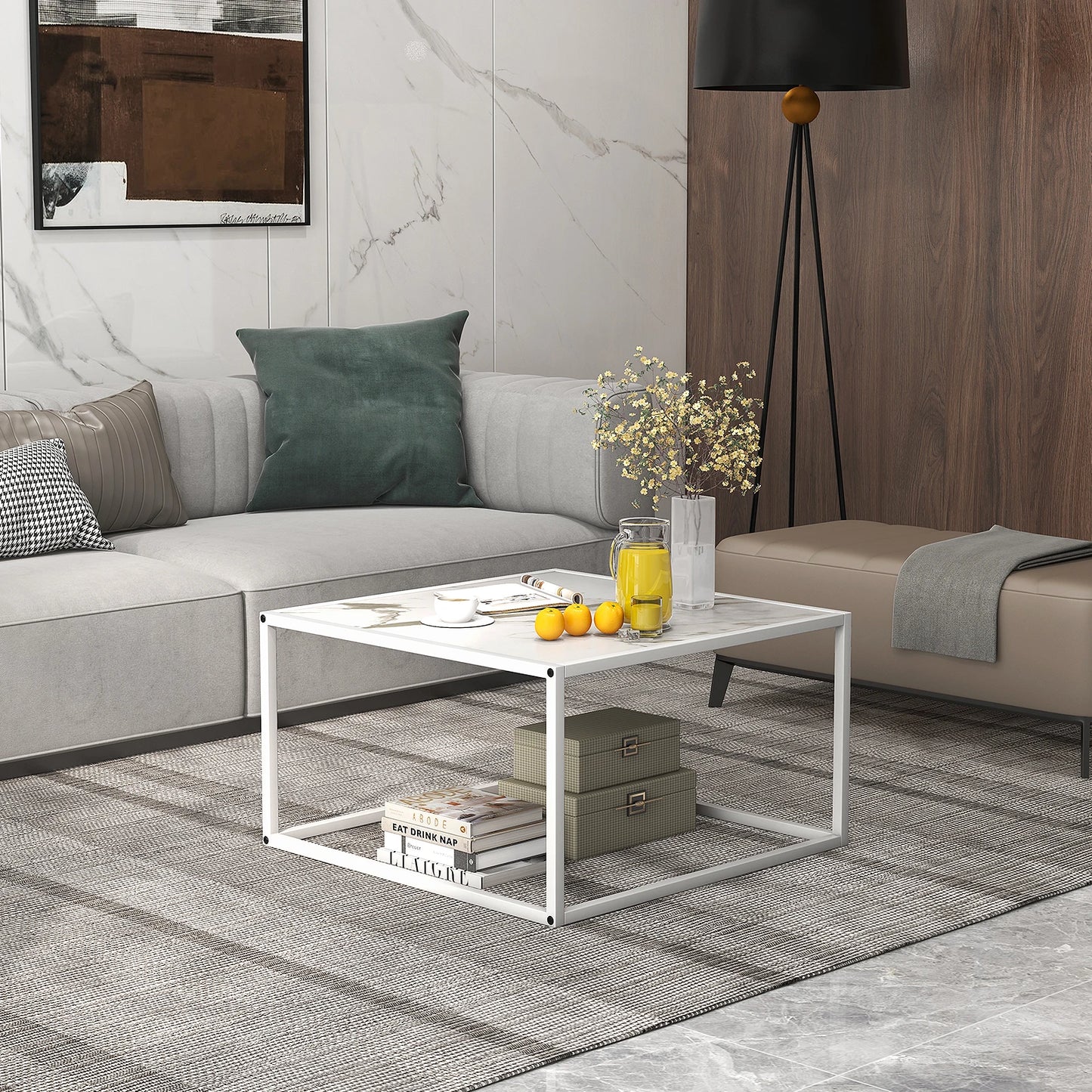 GOFLAME Modern Square Leisure Coffee Table Sofa Side End Table with Faux Marble Tabletop