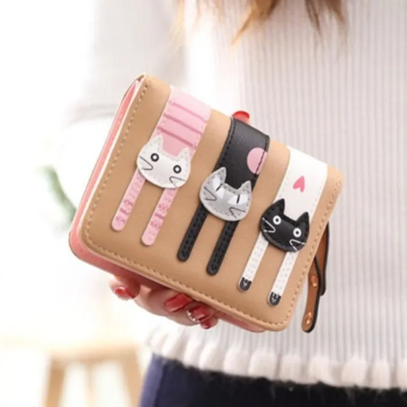 Women's Purse Short Cute Cat Print Mini Two-fold Folding Coin Purse Delicate Fringe Multi-functional Student Girls Teen Wallet