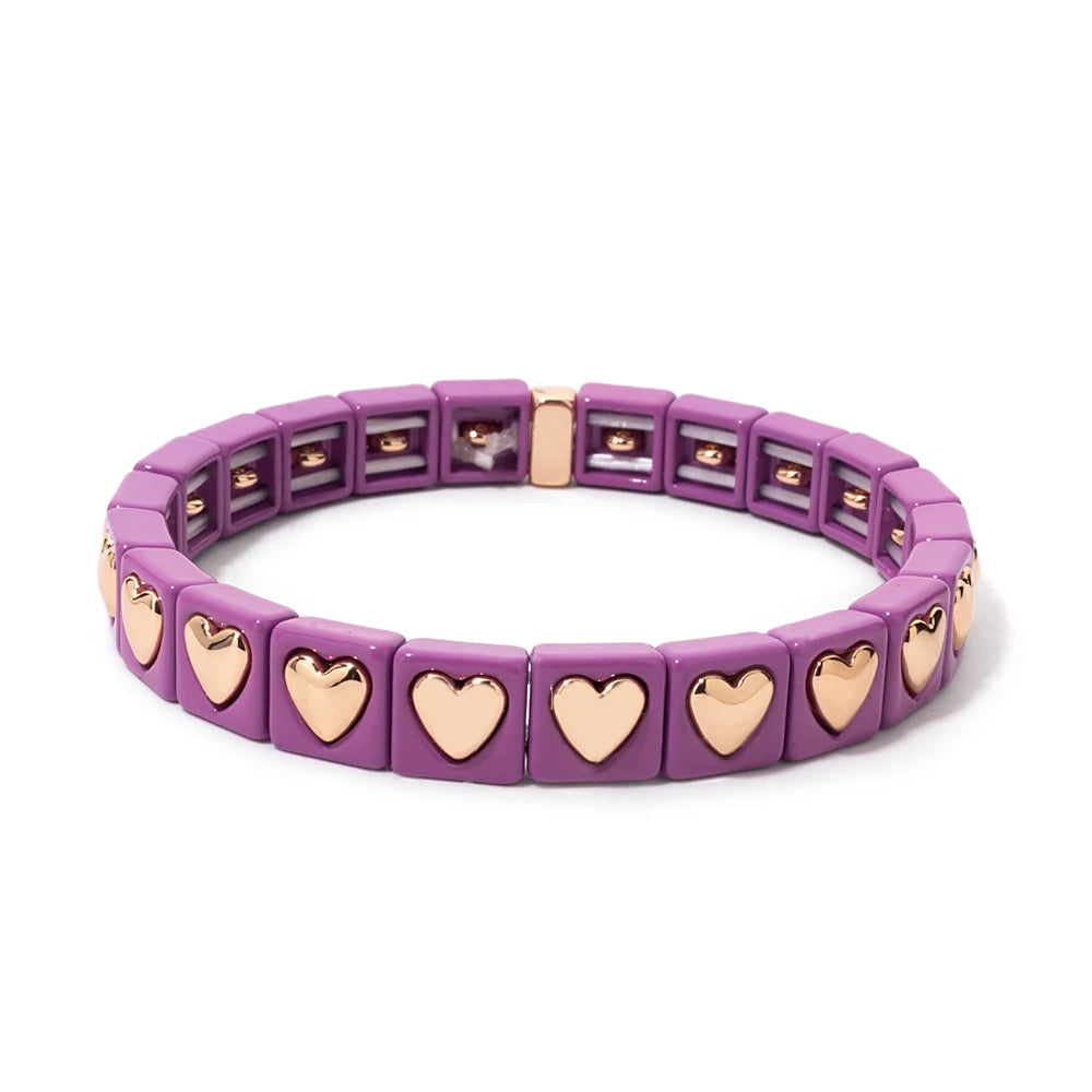 8mm Square Shape Love Bangle For Women Rainbow Color Peach Boho Enamel Elastic Beads Bracelets