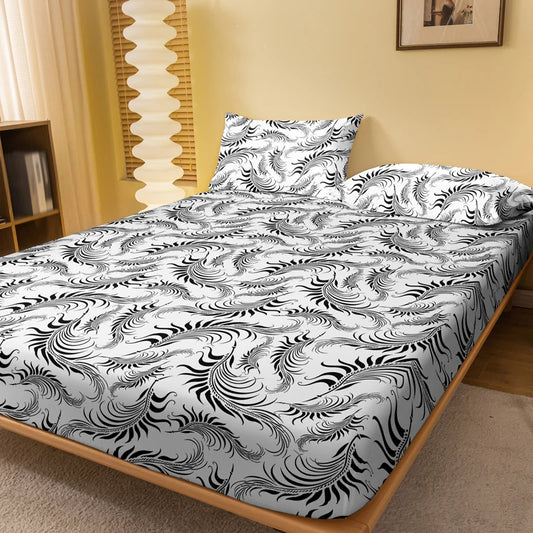 1 Simple modern Feather printed matte Fitted Sheet, bedroom printed bed cover, bedding (excluding pillowcases)