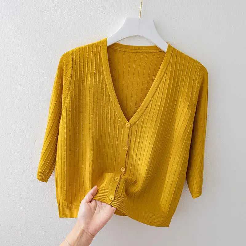 Fashion Women Solid Knitted Sweaters Coats Spring Summer Half Sleeve V-neck Korean Casual All-match Short Slim Cardigan Sweater